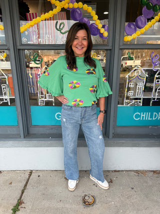 Green Mardi Gras Sequin King Cake Ruffled Sleeve Blouse