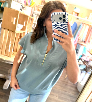 Ribbed High Neck Half Zip Women’s Top - Blue Gray