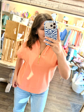 Ribbed High Neck Half Zip Women’s Top - Coral