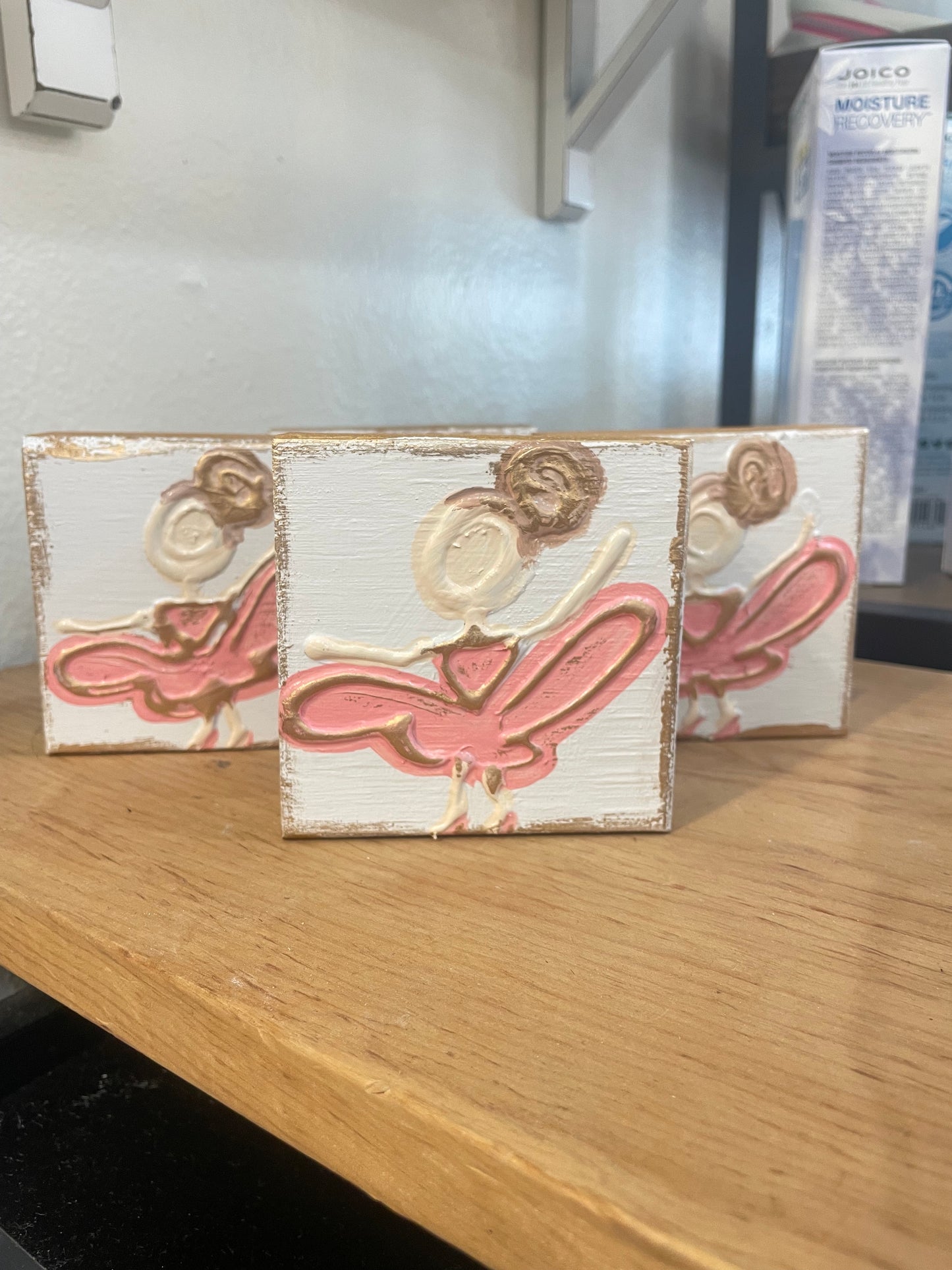 Handmade gift featuring three Coddiwomple 3x3 Ballerina Dancer | White wooden blocks with a pink ballerina dancer on them.