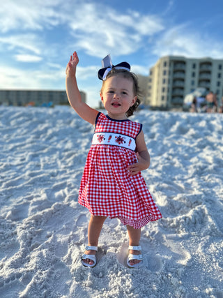 Smocked Independence Girl Dress - Hand Smocked Fireworks Design, Navy Hem, Red Gingham and Navy Kni Kid's Dresses    - Chickie Collective