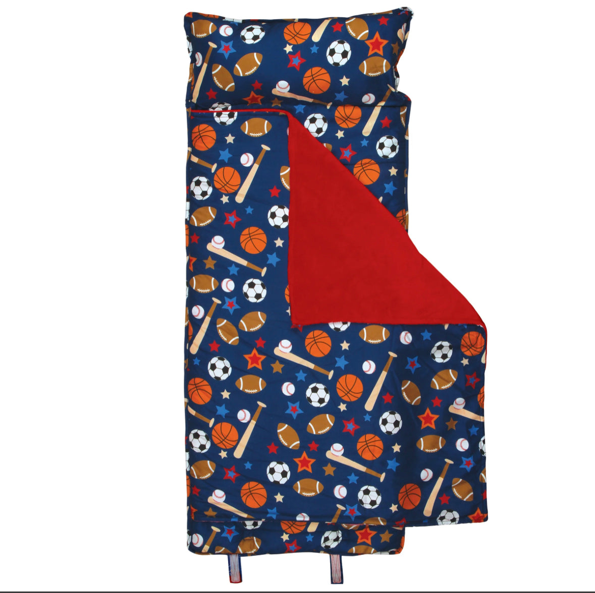 A Stephen Joseph sports themed Nap Mat - Sports with a red and blue blanket.