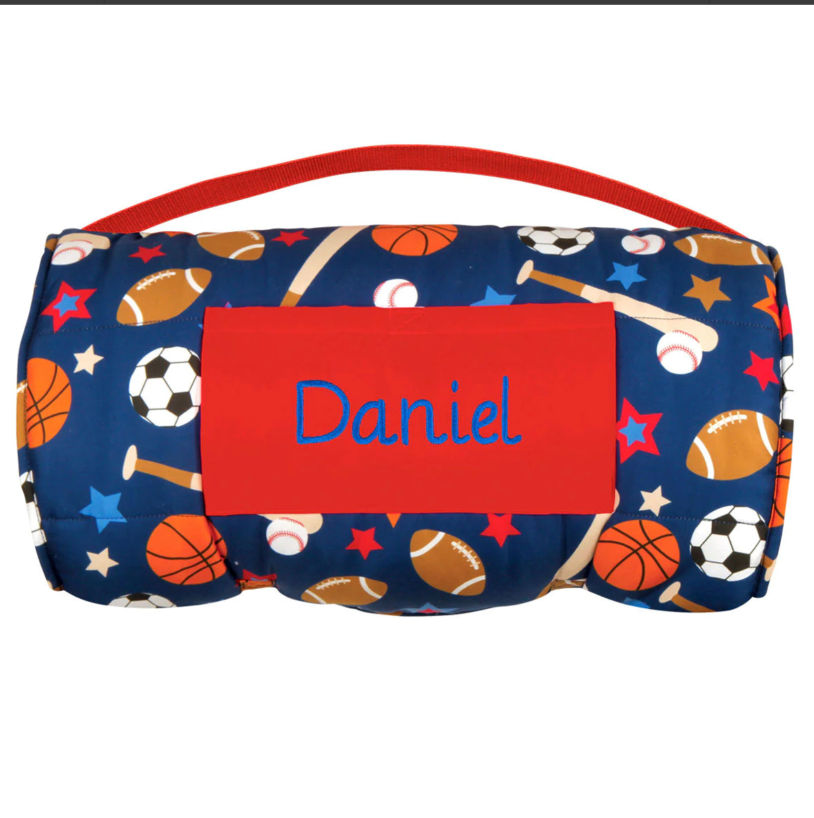 A personalized Stephen Joseph Nap Mat - Sports with sports balls and stars.