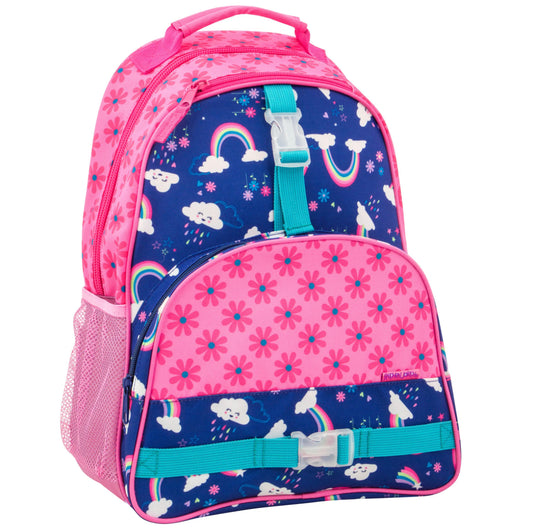 A pink and blue Stephen Joseph backpack with unicorns and rainbows on it.