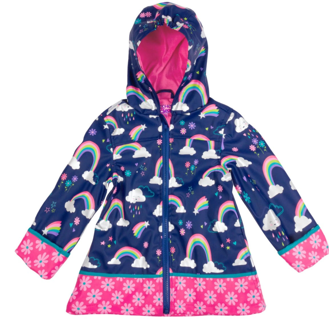 A Stephen Joseph waterproof raincoat with blue rainbows and clouds.