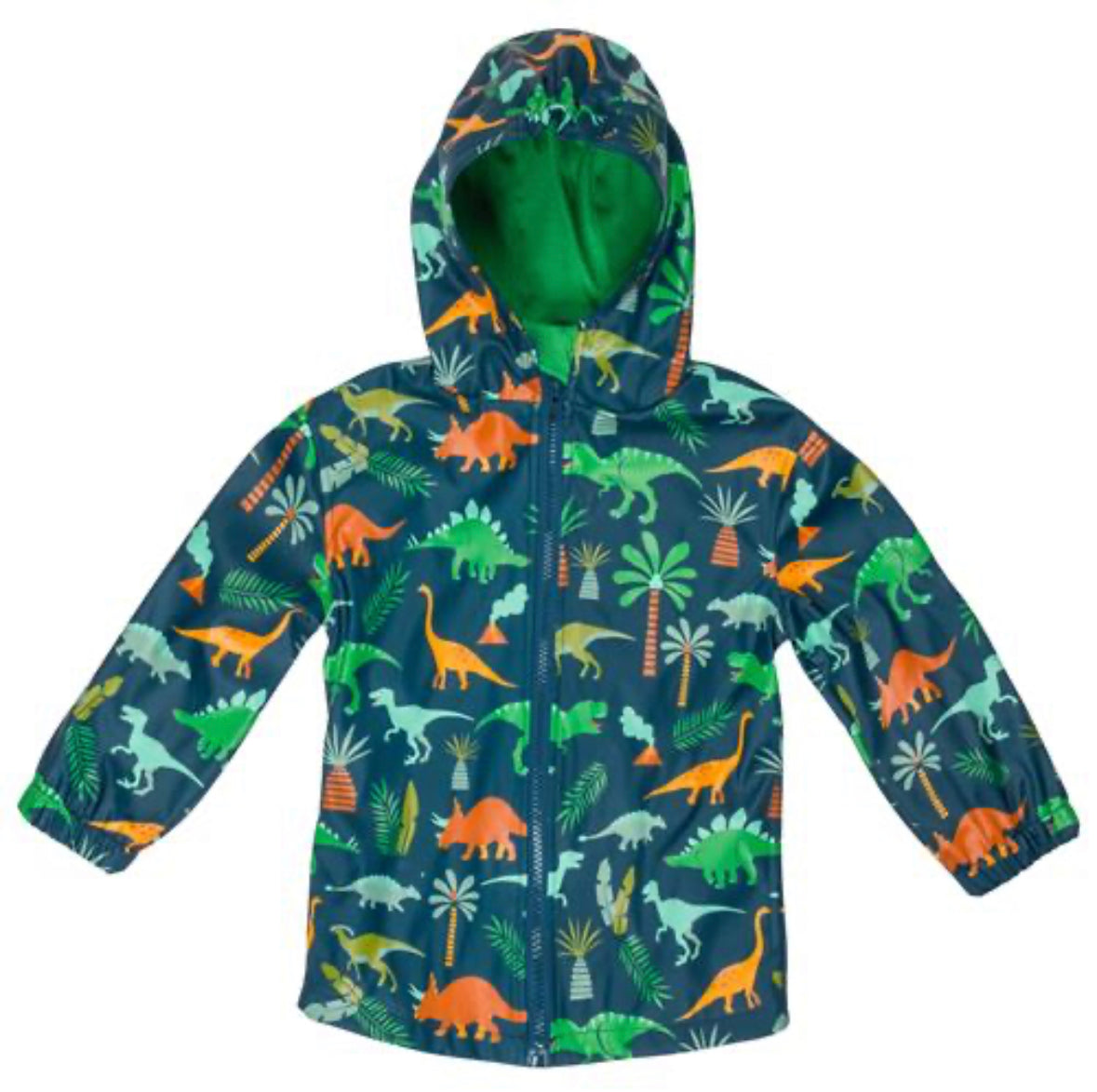 A Stephen Joseph raincoat - Green Dinosaur for children featuring adorable green dinosaurs.