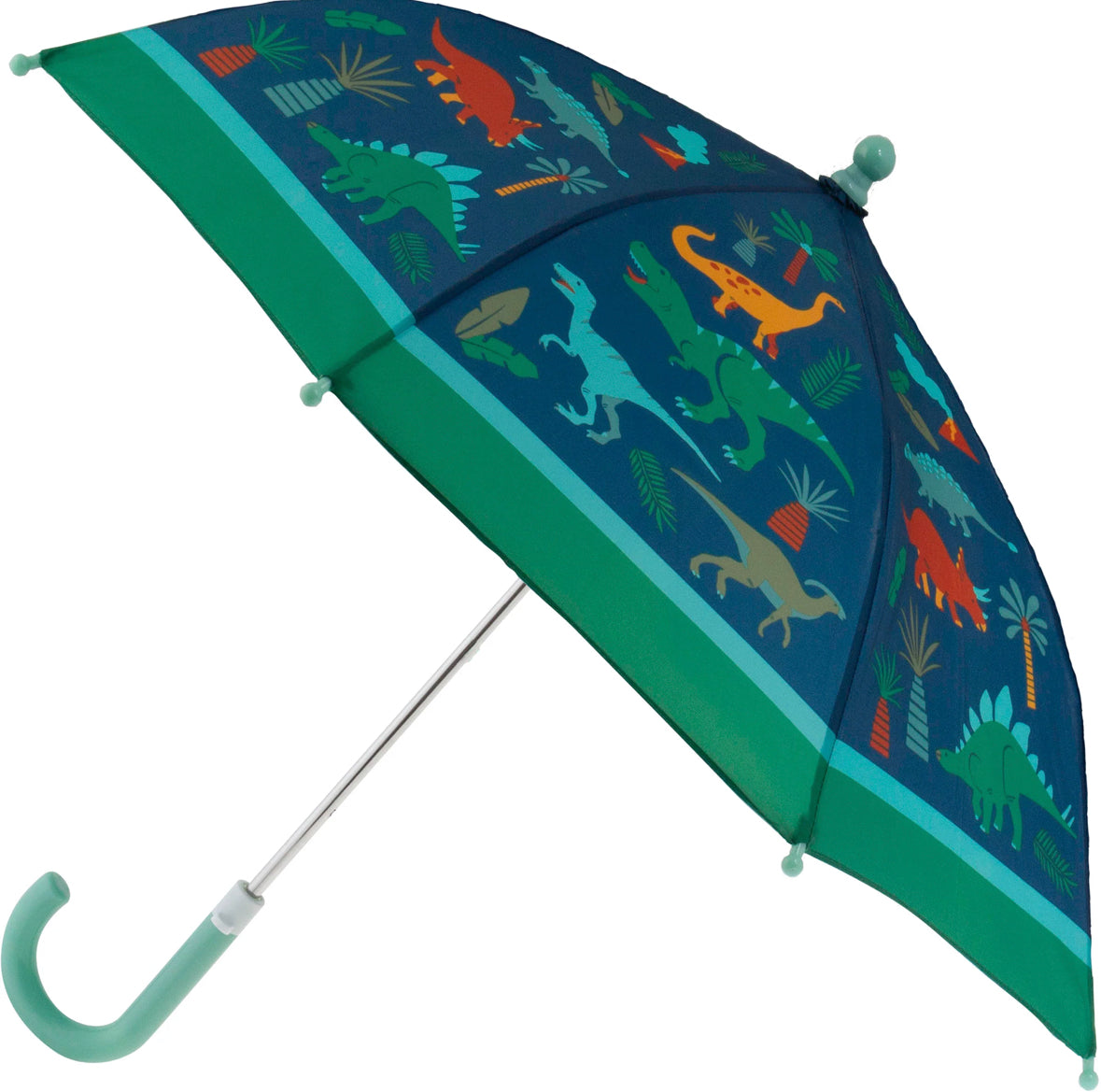 A Stephen Joseph green dinosaur umbrella for rainy days.