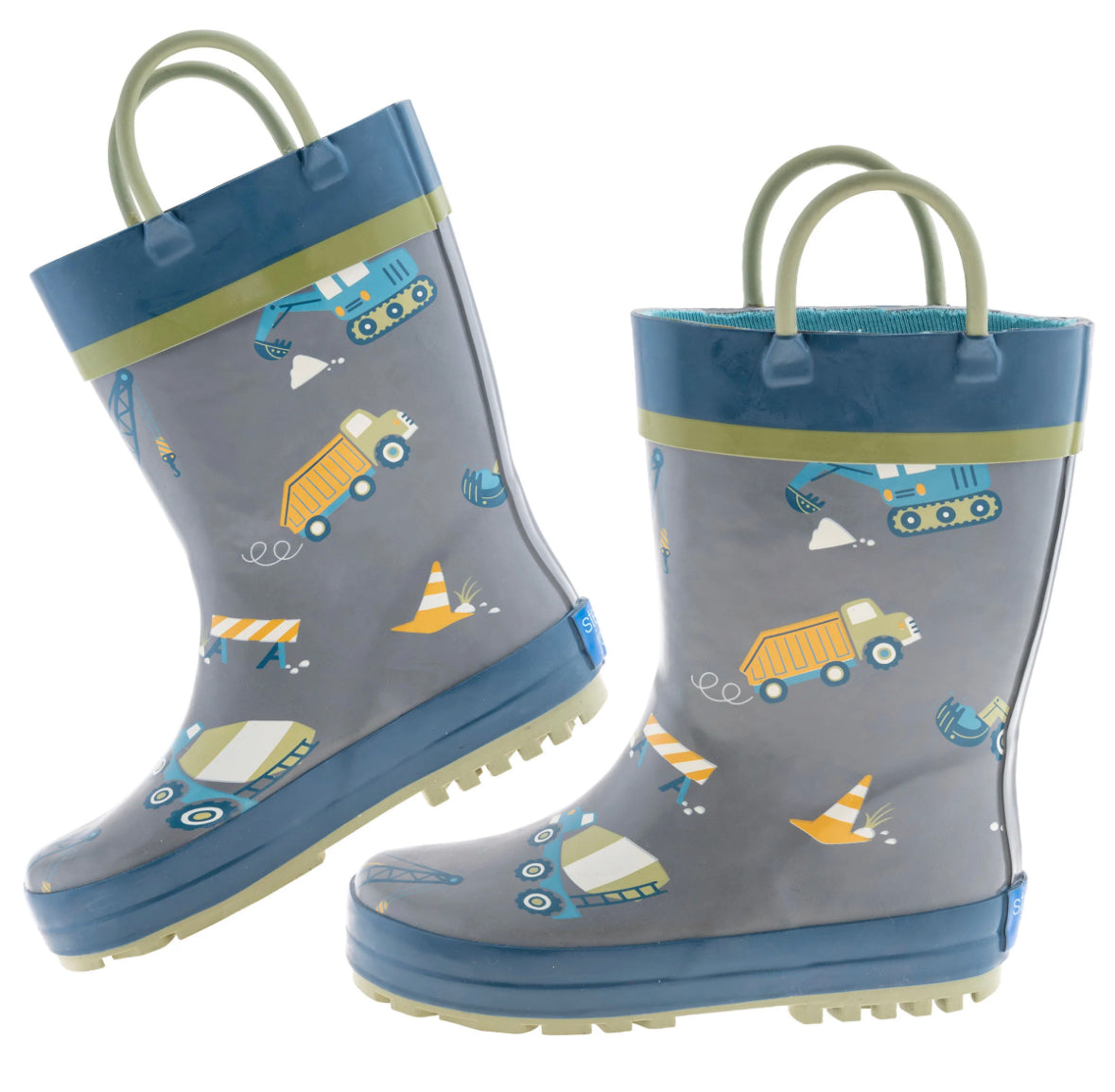 Stephen Joseph Waterproof children's rain boots with construction vehicles.