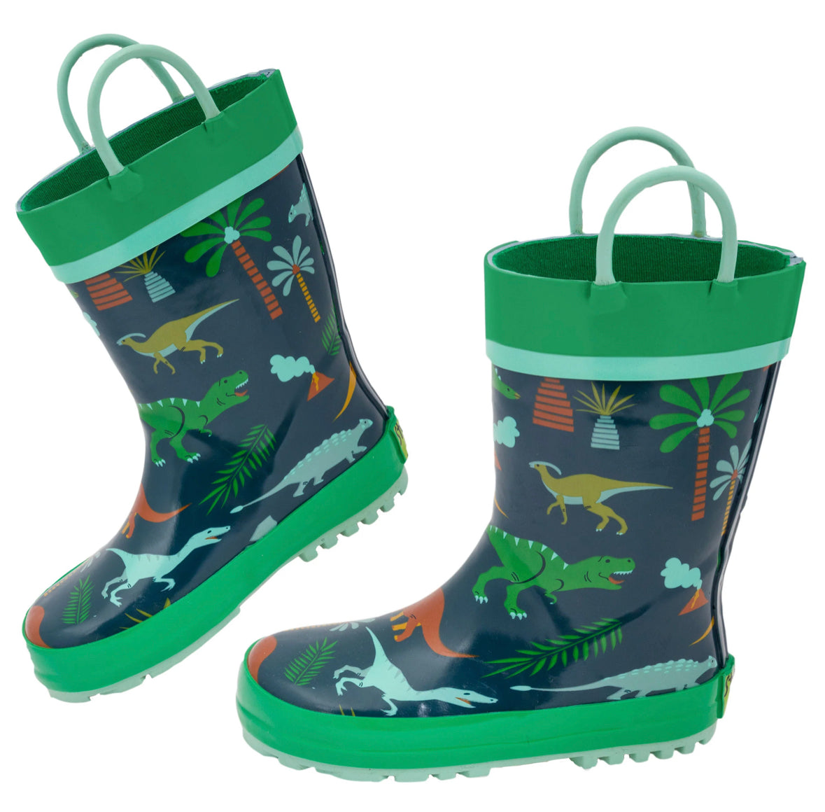 A pair of Stephen Joseph Green Dinosaur children's rain boots.