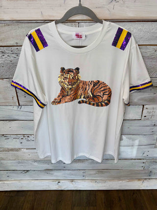 Adult Short Sleeve Tiger Stripe Sequin Tee Shirt    - Chickie Collective