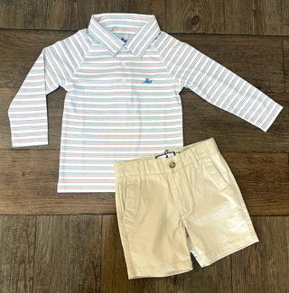 Boys Longsleeve Stripe Polo in Melon/Green/Blue Boy's Shirt - Chickie Collective