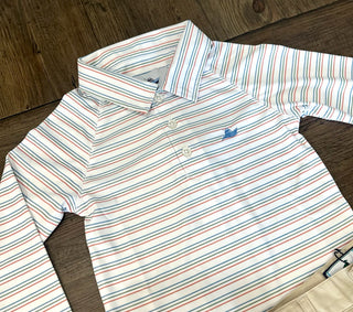 Boys Longsleeve Stripe Polo in Melon/Green/Blue Boy's Shirt - Chickie Collective