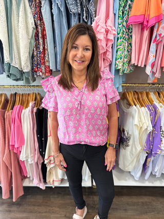 Pink Vintage Ruffled Split Neck Short Sleeve Blouse Women's Top - Chickie Collective