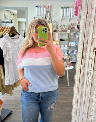 Color Block Ribbed Short Sleeve Top     - Chickie Collective