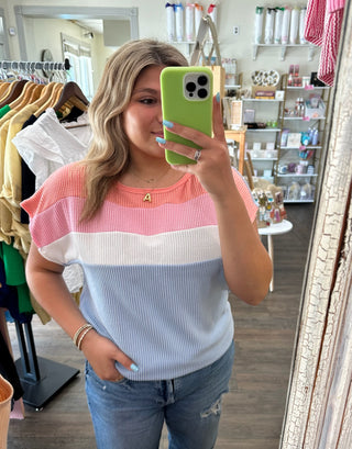 Color Block Ribbed Short Sleeve Top     - Chickie Collective