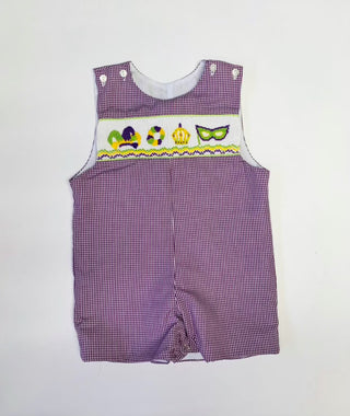 Mardi Gras Smocked Shortall boys romper    - Chickie Collective