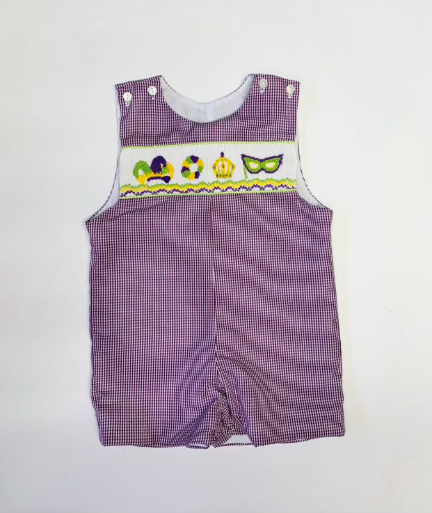 A Mardi Gras-themed baby boy's purple sleeveless Lulu Bebe romper.