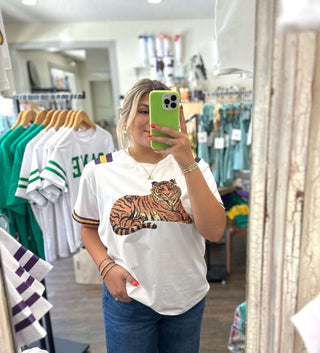 Adult Short Sleeve Tiger Stripe Sequin Tee Shirt    - Chickie Collective