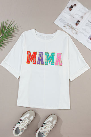 White MAMA Chenille Patched Crew Neck T Shirt for Moms Womens T-Shirt - Chickie Collective