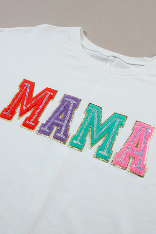 White MAMA Chenille Patched Crew Neck T Shirt for Moms Womens T-Shirt - Chickie Collective