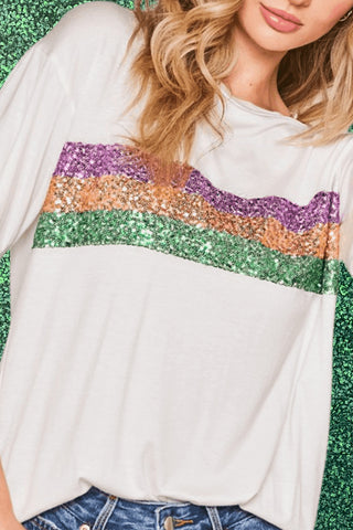 COMING SOON: White Sequin Stripes Patchwork Mardi Gras Crew Neck T Shirt - Chickie Collective