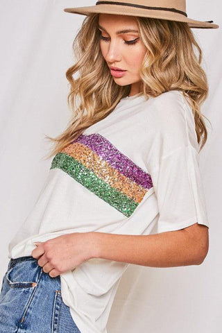 COMING SOON: White Sequin Stripes Patchwork Mardi Gras Crew Neck T Shirt - Chickie Collective