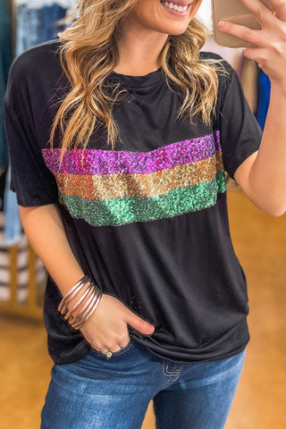 Black Mardi Gras Sequin Stripe T-Shirt - Chickie Collective