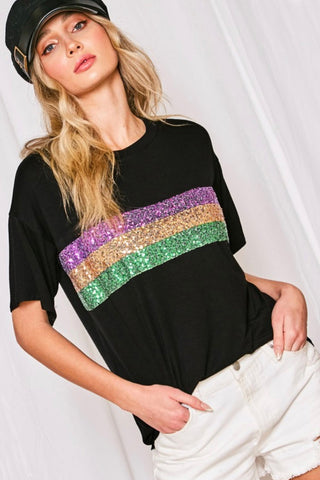 Black Mardi Gras Sequin Stripe T-Shirt - Chickie Collective