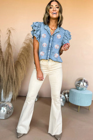 Blue Sequin Baseball Graphic Denim Top with Ruffled Sleeves Women's Top - Chickie Collective