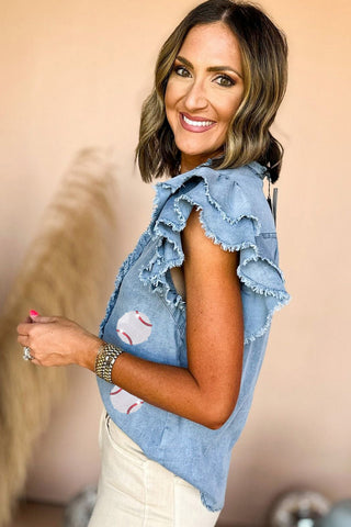 Blue Sequin Baseball Graphic Denim Top with Ruffled Sleeves Women's Top - Chickie Collective