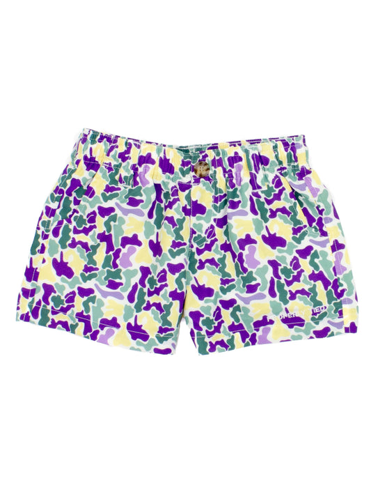 A pair of Properly Tied Mardi Gras Camo Mallard shorts perfect for outdoor activities.