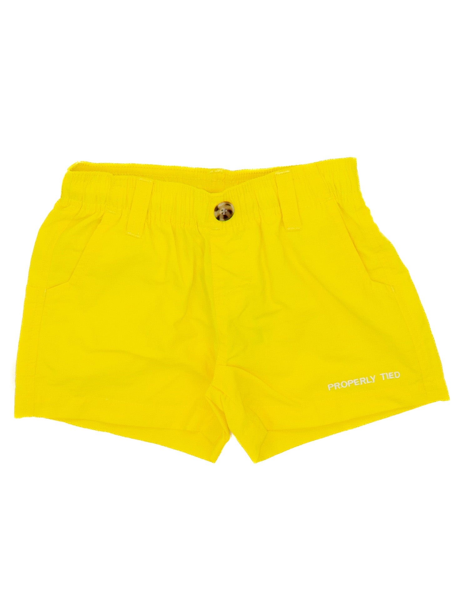 A Stylish Yellow Mallard Boys Shorts with white text and are Properly Tied.
