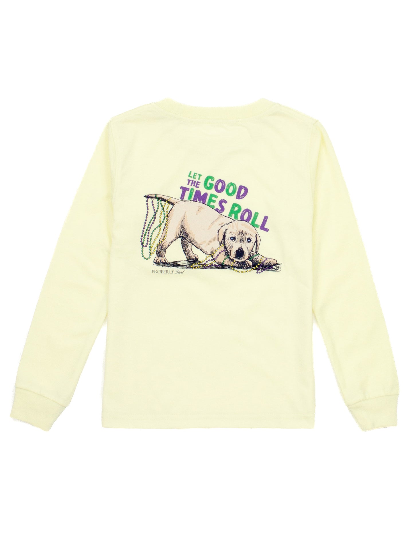An adorable Pawdi Gras Properly Tied Long-Sleeve T-shirt for Kids featuring a dog, perfect for Pawdi Gras festivities.
