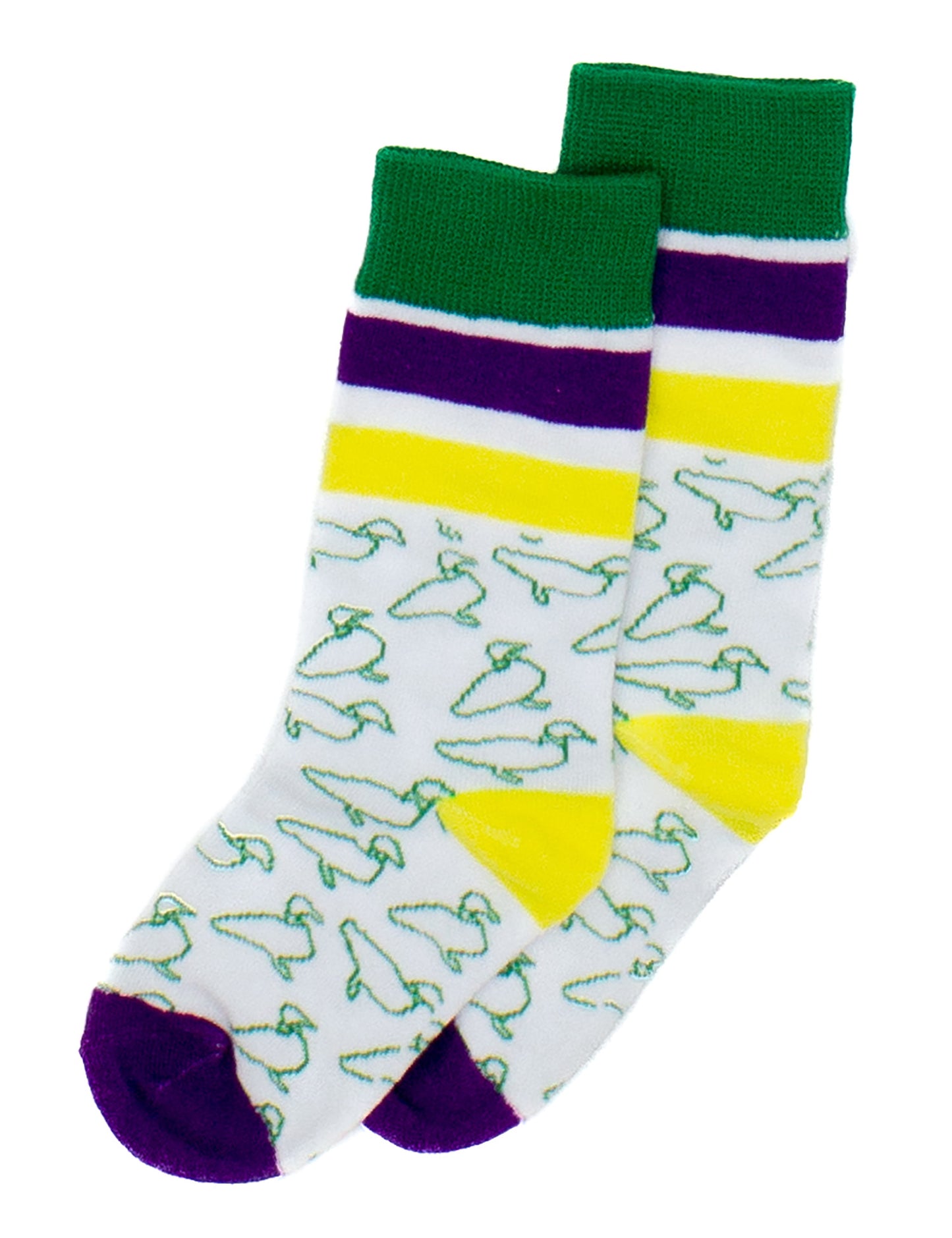A pair of vibrant Properly Tied Lucky Duck Mardi Gras socks with green and purple stripes.