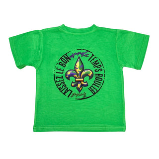 Green t-shirt with a colorful fleur-de-lis design and text on a white background
