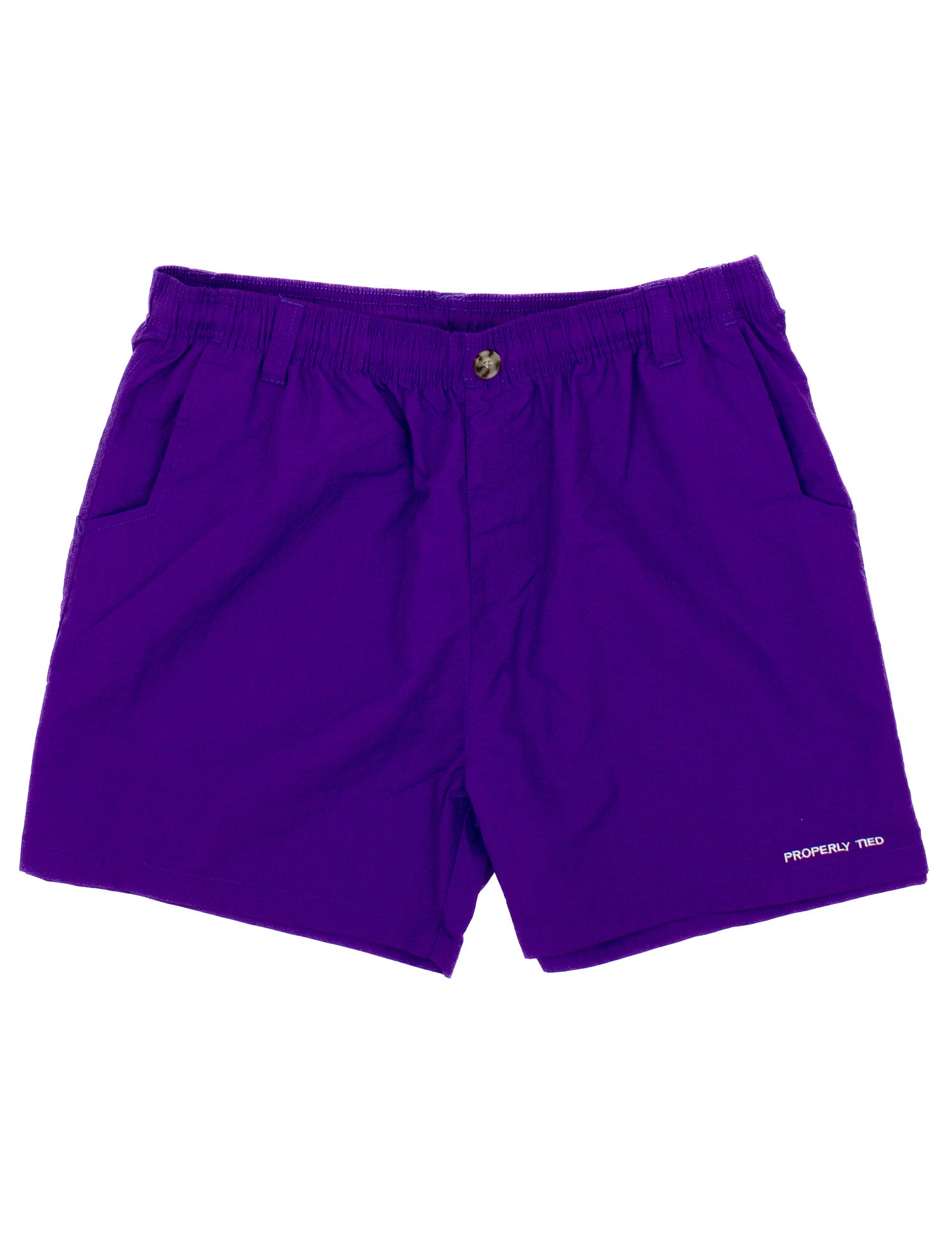 A Properly Tied Purple Mallard Short with a white logo, combining style and comfort.