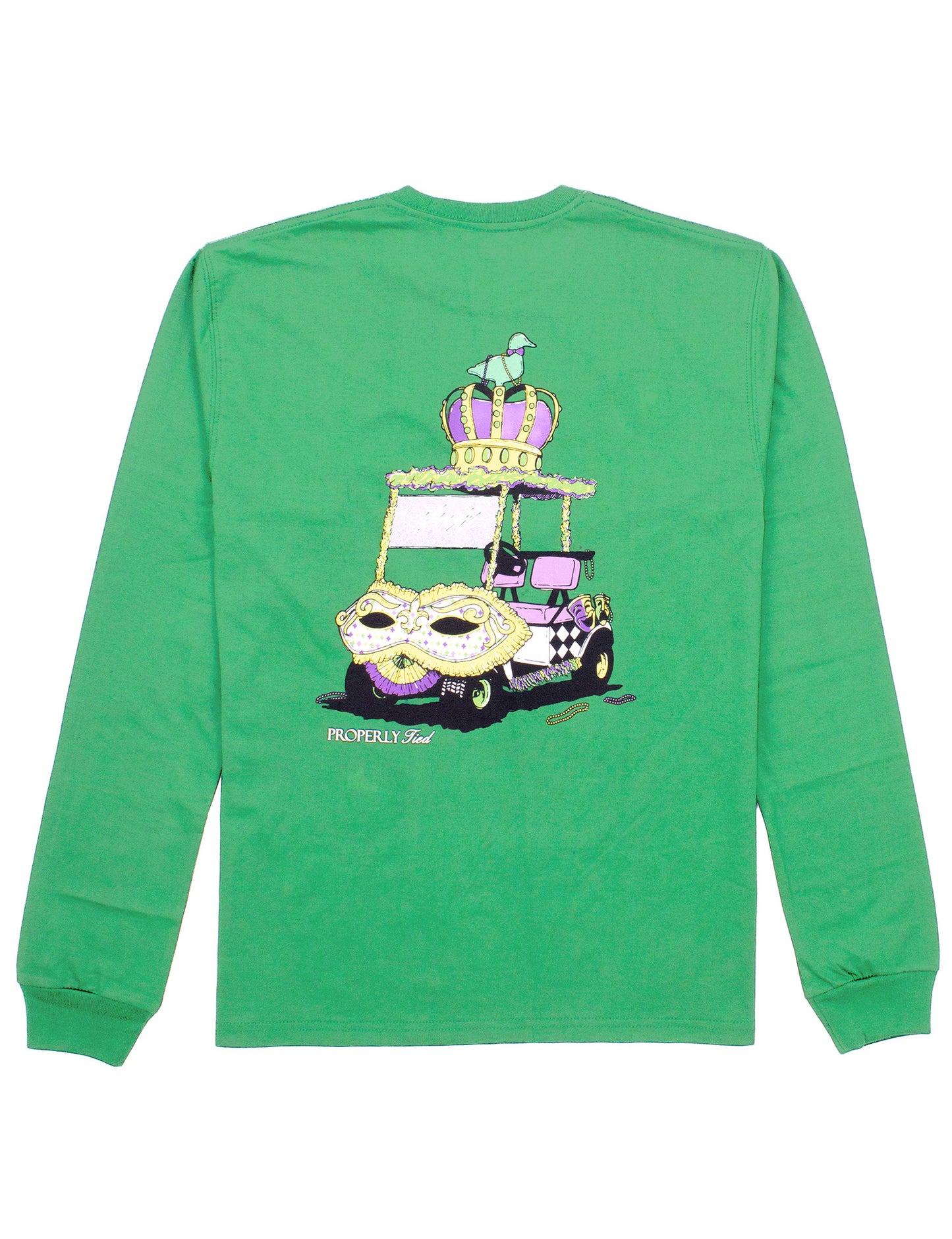 The Properly Tied Mardi Cart Adult Long Sleeve T-shirt is a vibrant green shirt featuring a picture of a car and mask. It is made with breathable fabric, providing comfort for adults.