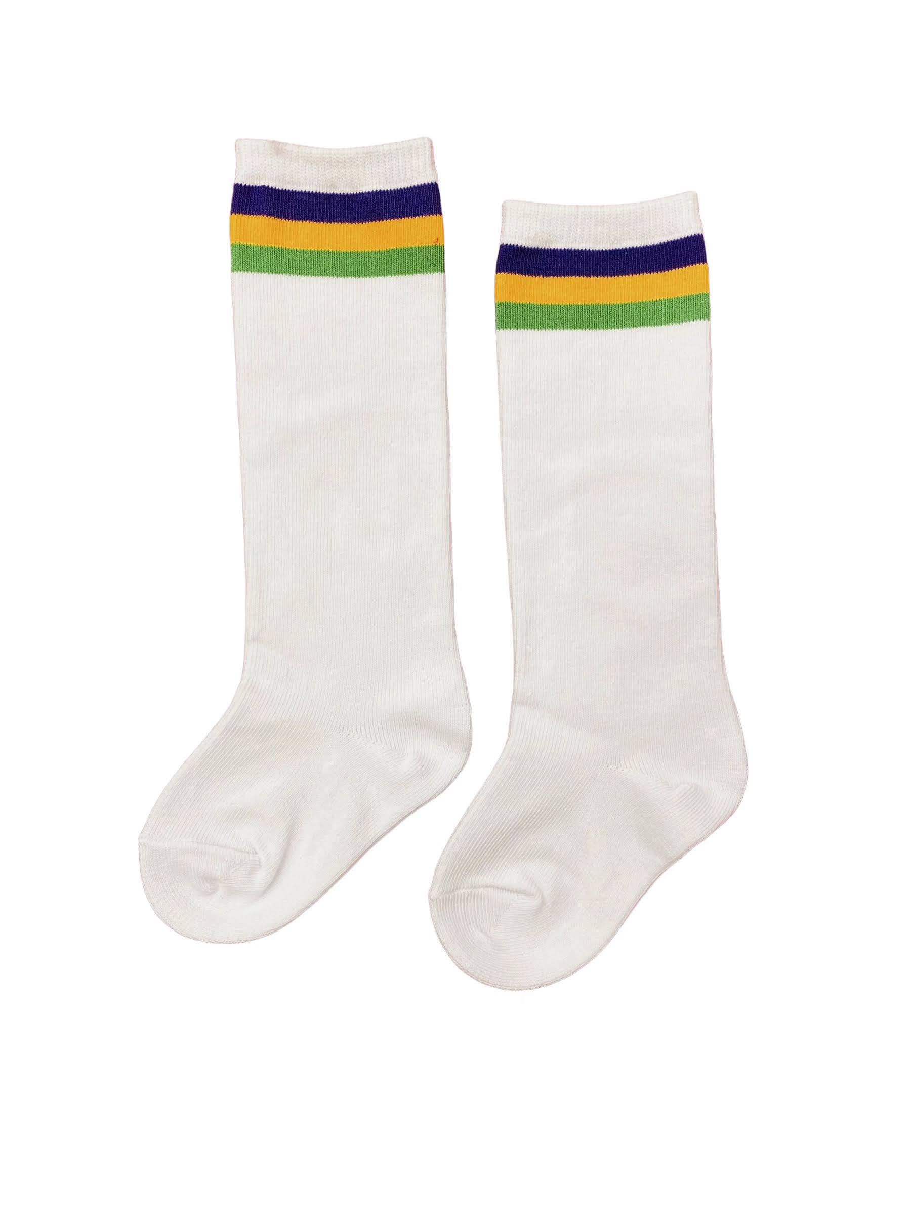 A pair of Mardi Gras Knee High Socks with green, yellow and blue stripes, perfect for Mardi Gras celebrations by Lulu Bebe.
