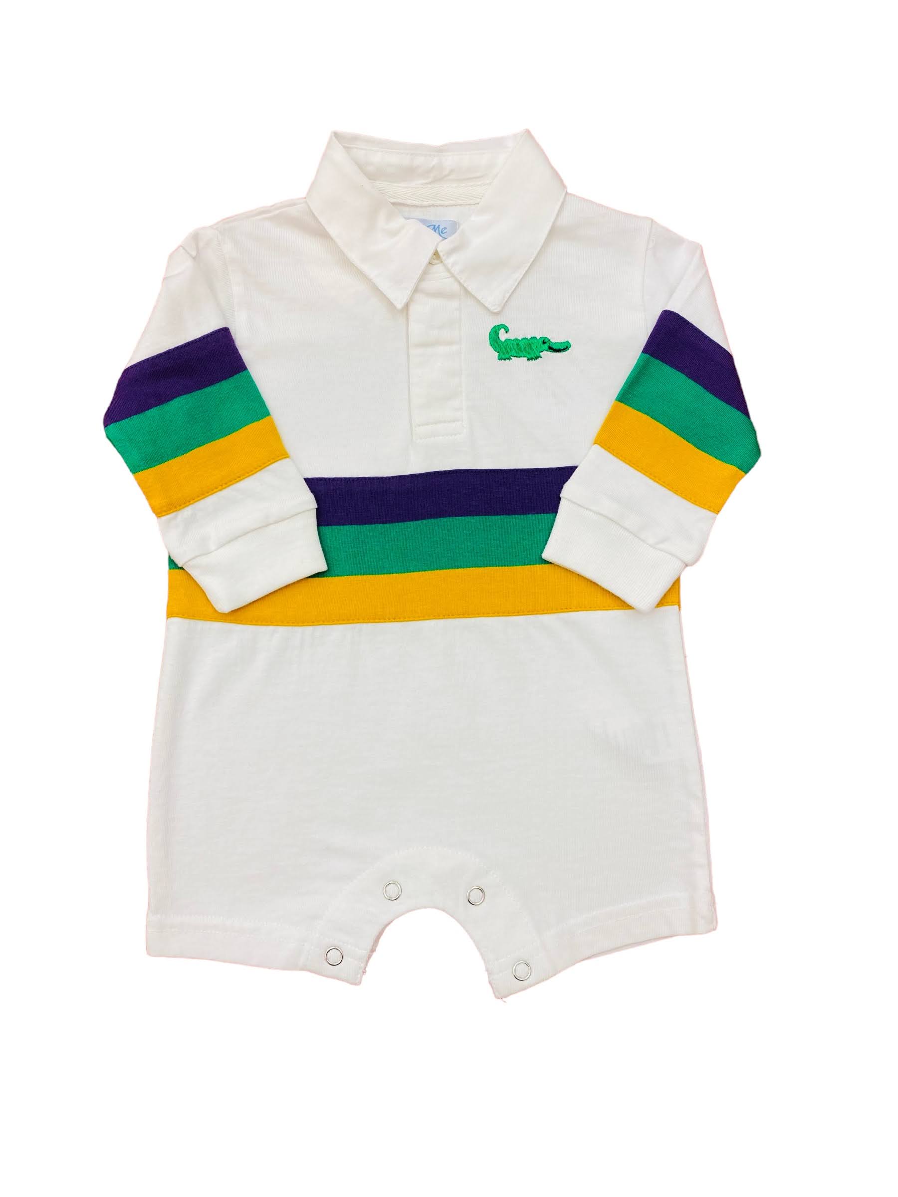 A white Rugby Long Sleeve Mardi Gras Shortall with a green, yellow and purple stripe, perfect for Mardi Gras festivities by Lulu Bebe.