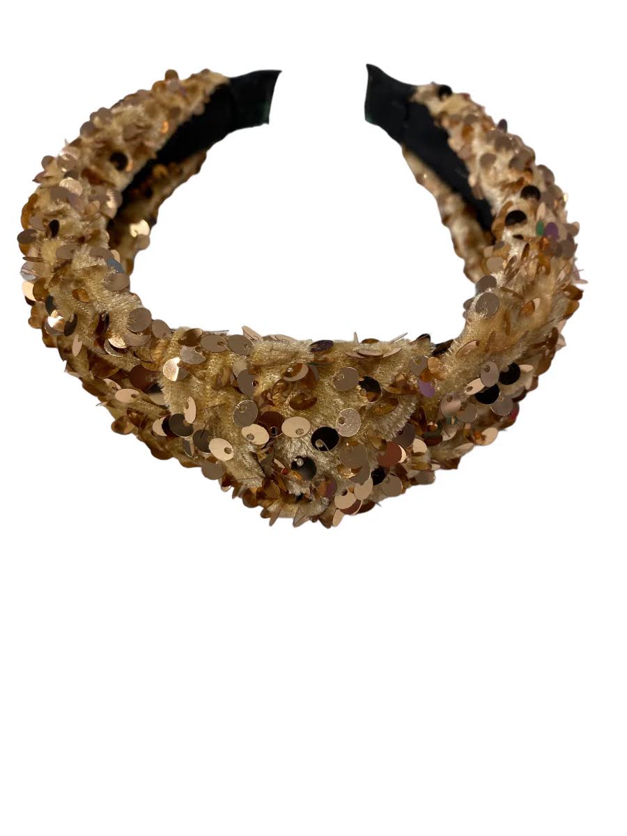 A glamorous Lulu Bebe gold Sequin Knot Head Band adorned with black and gold sequins.
