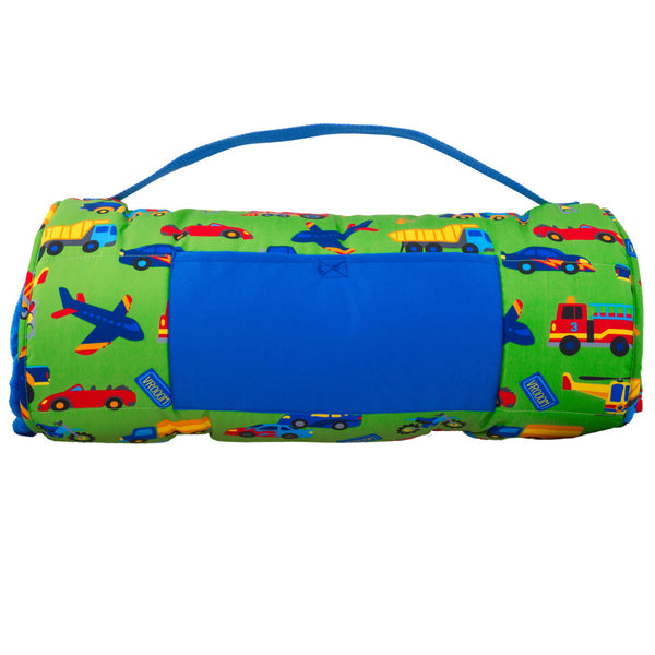 A green and blue Stephen Joseph Nap Mat- Transportation with vehicles on it.