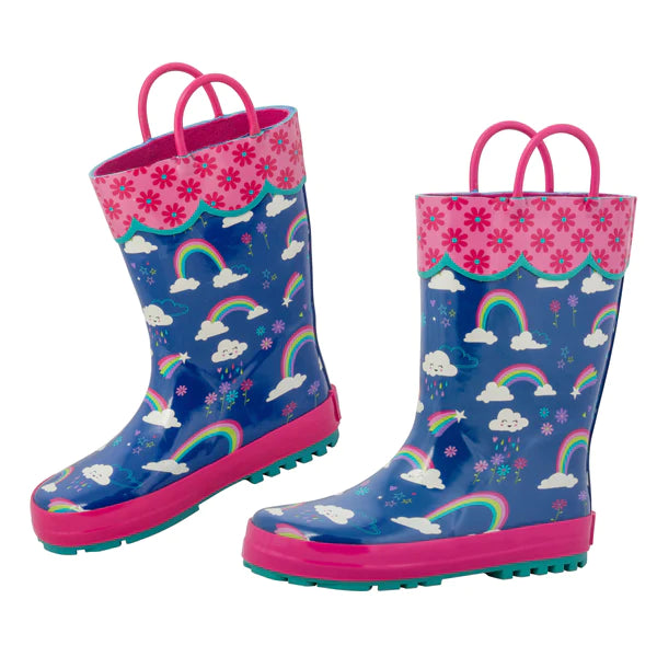 These Stephen Joseph Blue Rainbow waterproof children's rain boots feature a playful design with rainbows and clouds, ensuring their feet stay dry during rainy adventures.