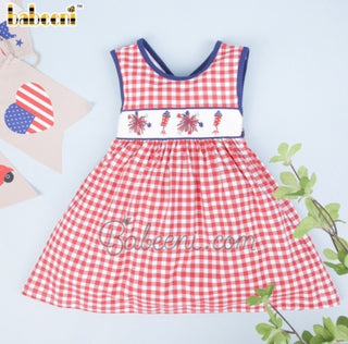 Smocked Independence Girl Dress - Hand Smocked Fireworks Design, Navy Hem, Red Gingham and Navy Kni Kid's Dresses    - Chickie Collective