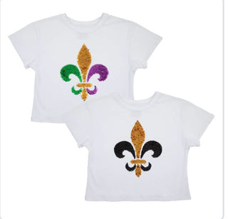 White Reversible Sequin Fleur De Lis T-Shirt Girls T-Shirt - Chickie Collective