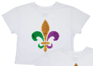 White Reversible Sequin Fleur De Lis T-Shirt Girls T-Shirt - Chickie Collective