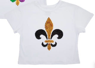 White Reversible Sequin Fleur De Lis T-Shirt Girls T-Shirt - Chickie Collective