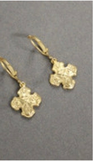 A pair of Weisinger Designs Small 4/Way Cross Earrings with a pearl center.