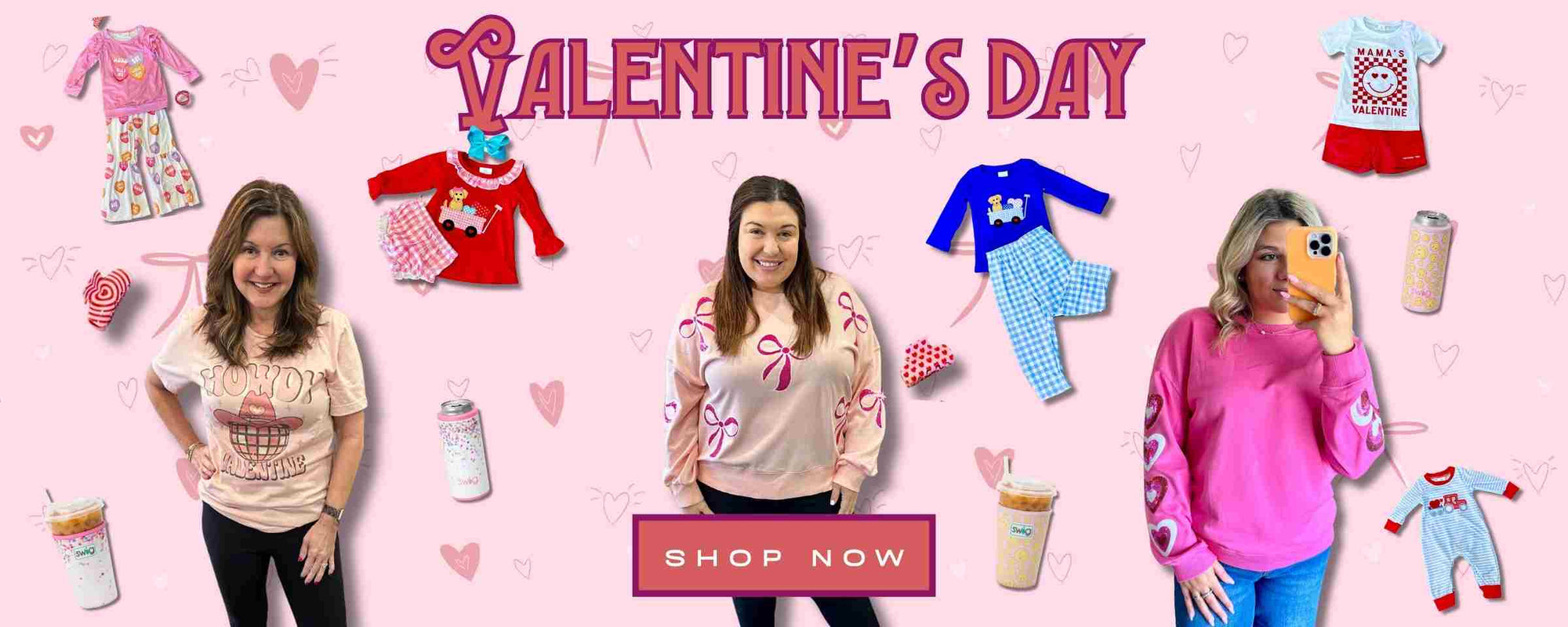 Valentine's Day promotional banner with clothing and drinks on a pink background