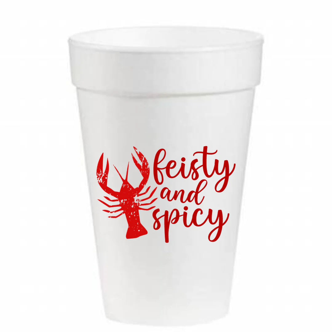 A durable white Styrofoam Party Cup with the words 'feisty and spicy' on it, made by Pink Machine.