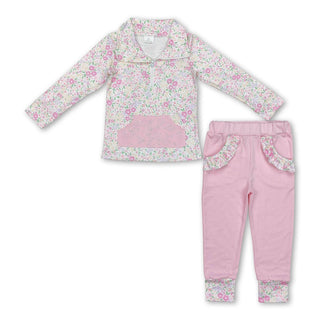 Girls' Floral Print Zip Pocket Pullover and Pants Set in Pink - Chickie Collective